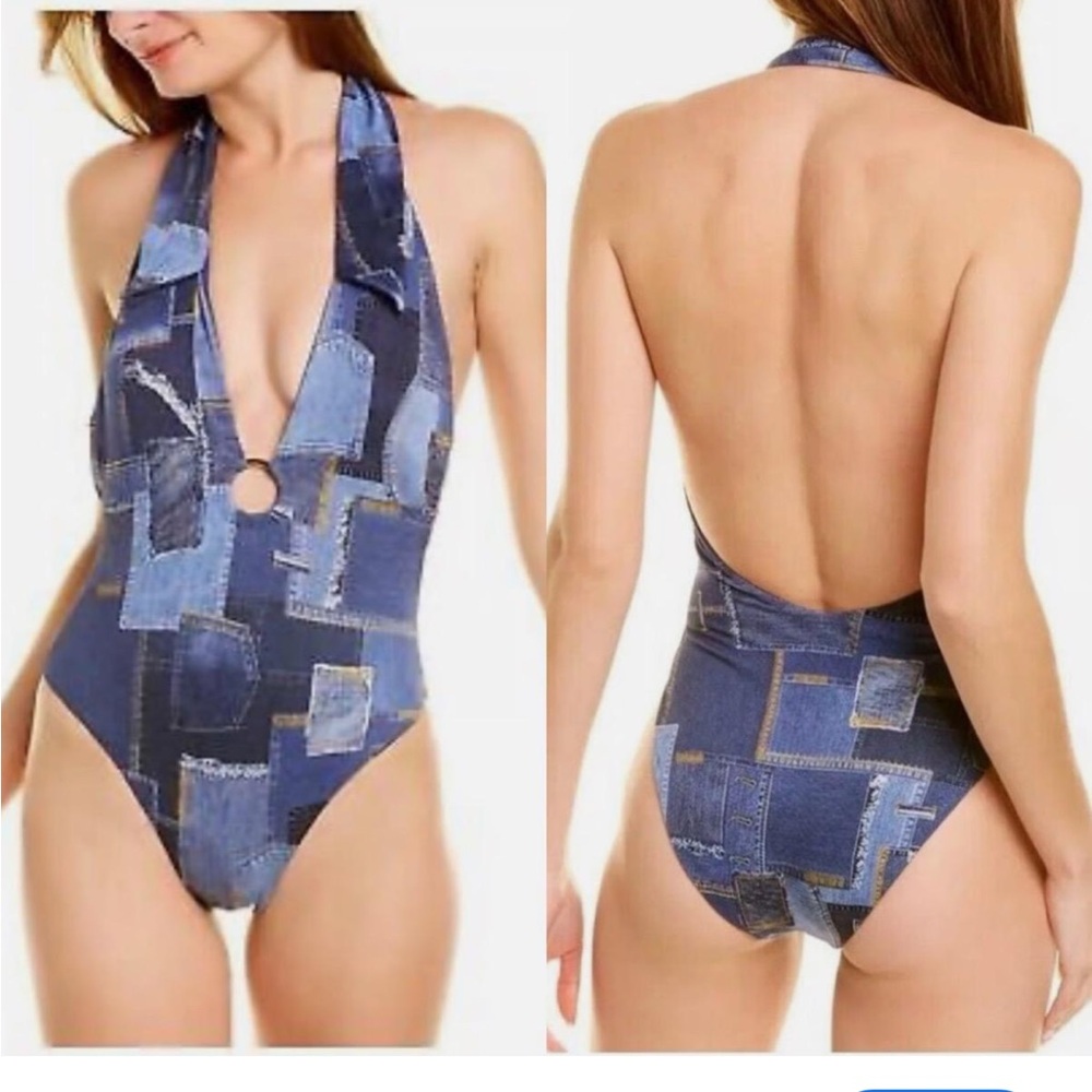 WeWoreWhat collar racerback denim patchwork one piece swimsuit blue XS NWT